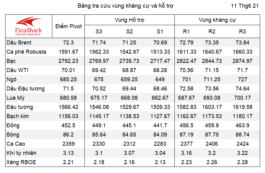 Bảng tra cứu Pivot Point Nông sản 11.06.2021