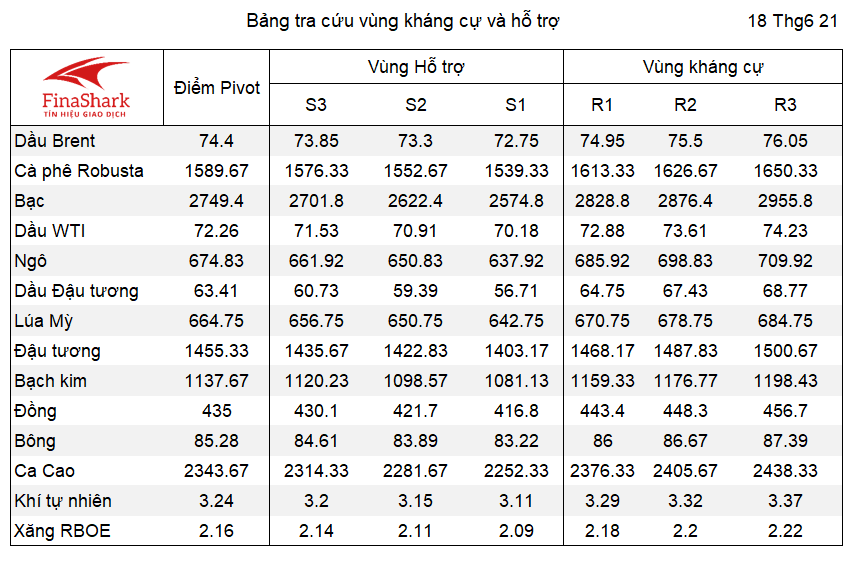 Bảng tra cứu Pivot Point Nông sản 19.06.2021