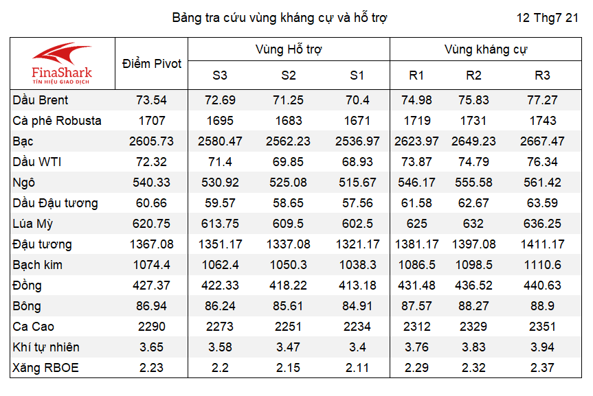 Bảng tra cứu Pivot Point Nông sản 13.07.2021